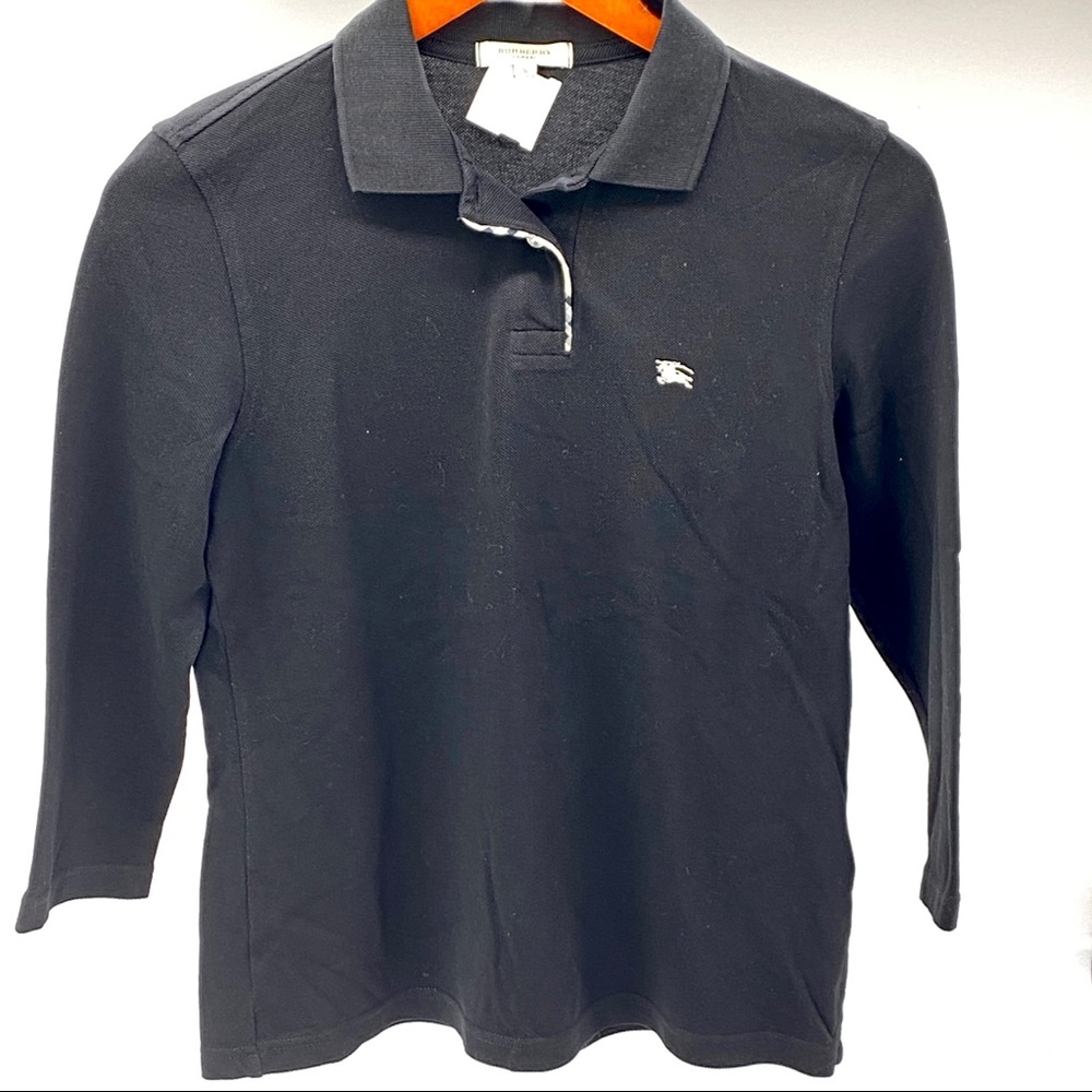 BURBERRY BLACK LOGO BUTTON POLO QUARTER SLEEVE SHIRT WOMENS SMALL